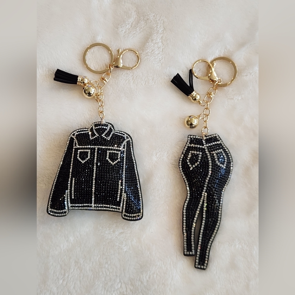 Black and Silver Rhinestone Black Jean Jacket And Jeans Keychain Set Bag Charm